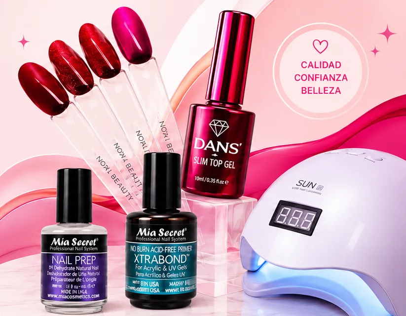 Esmaltes Dans, Mia Secret y una lámpara Sun sobre fondo rosado